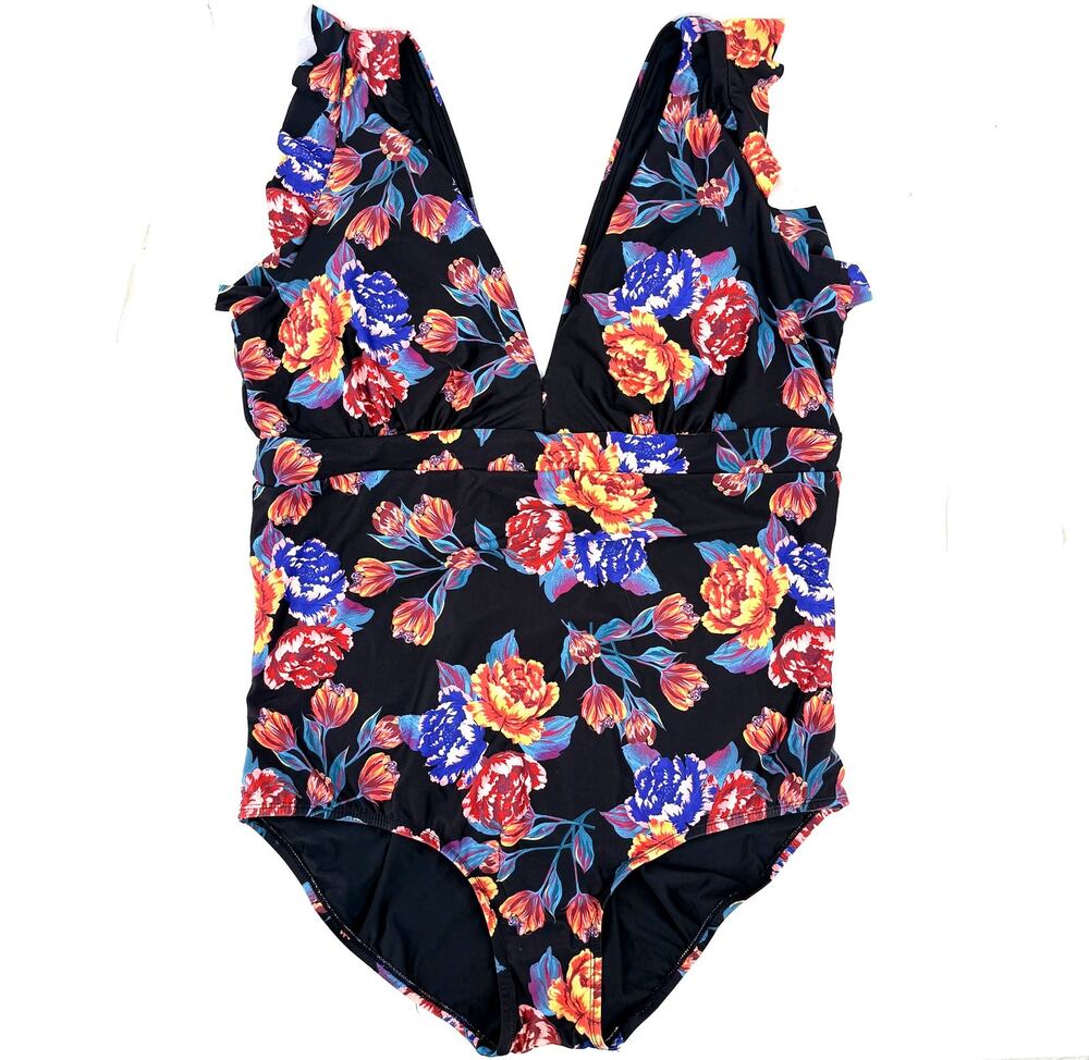 ModCloth Floral One Piece Swimsuit 2X Black Plunge Ruched